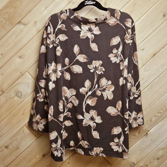 Floral Brown 3/4 Sleeve Croft & Barrow Petite Stretch Top L 96% Cotton 4% Spande - Picture 2 of 6